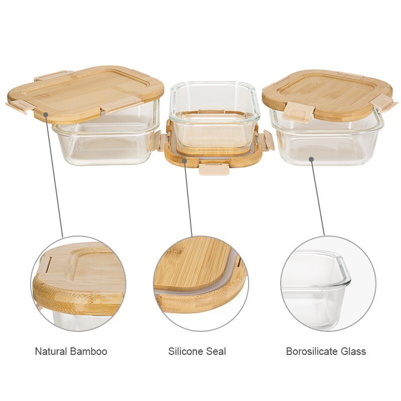 IKOO Oven Safe Glass Food Container with Bamboo Lids and Cool Lock