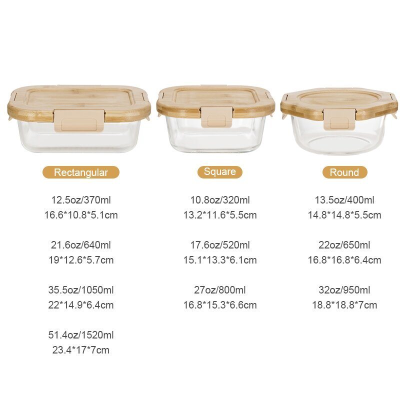 IKOO Oven Safe Glass Food Container with Bamboo Lids and Cool Lock