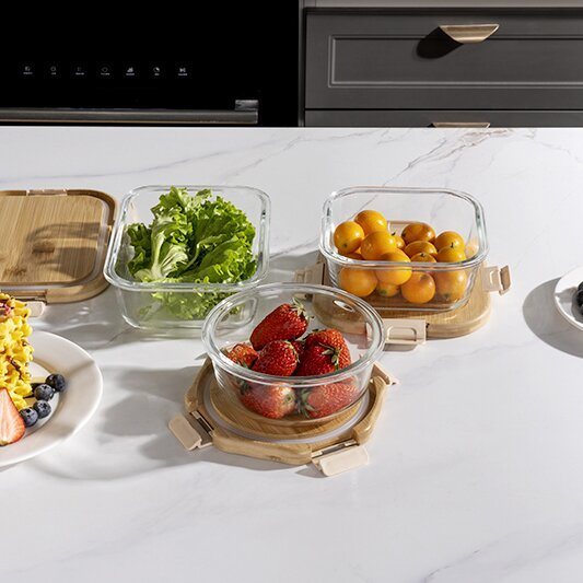 IKOO Oven Safe Glass Food Container with Bamboo Lids and Cool Lock
