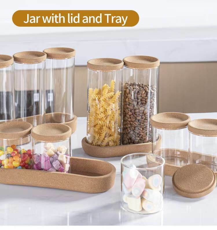 IKOO ODM Borosilicate Glass Jar with Cork Lid and Tray