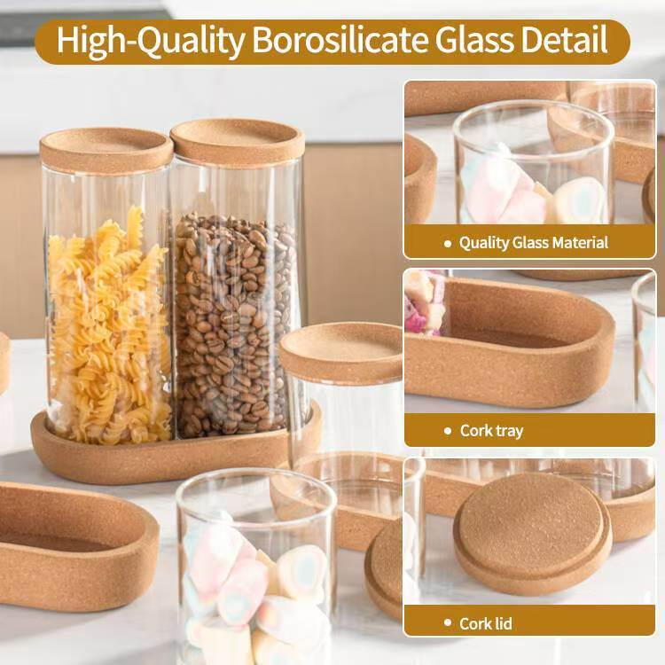 IKOO ODM Borosilicate Glass Jar with Cork Lid and Tray