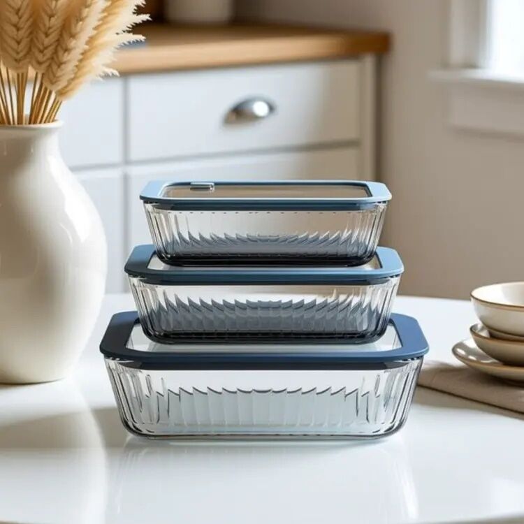 IKOO Rectangular Striped Customizable BPA-Free Glass Food Container with Vented Glass Lid
