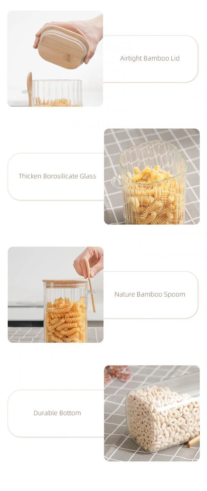 IKOO Ribbed Design High Borosilicate Glass Jar with Bamboo Lid for Kitchen Storage and Meal Prep 1