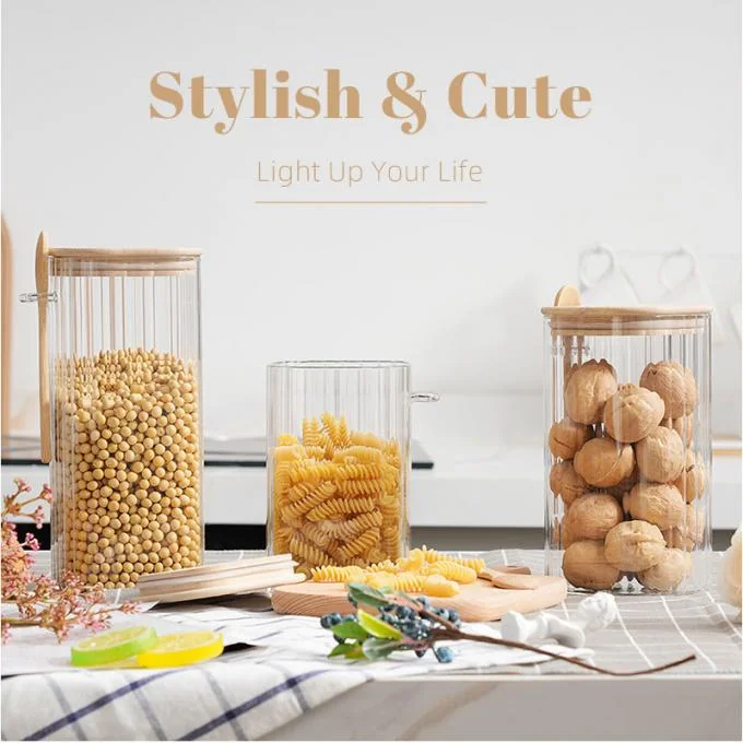 IKOO Ribbed Design High Borosilicate Glass Jar with Bamboo Lid for Kitchen Storage and Meal Prep 0