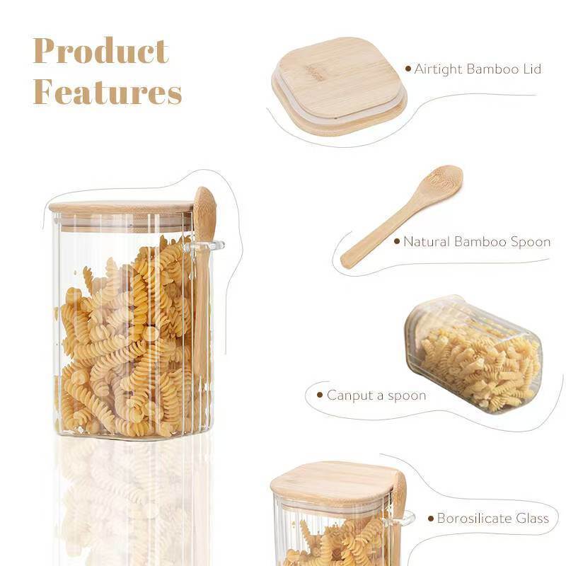 IKOO Ribbed Design High Borosilicate Glass Food Storage Jar with Bamboo Lid