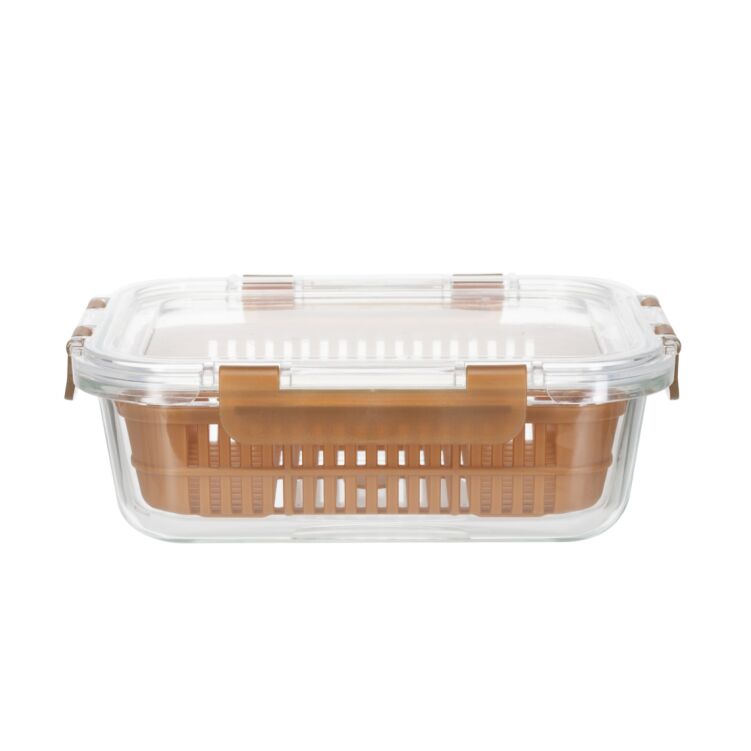 IKOO Stackable Airtight Glass Food Container with 1050ml Capacity and Removable Drain Basket