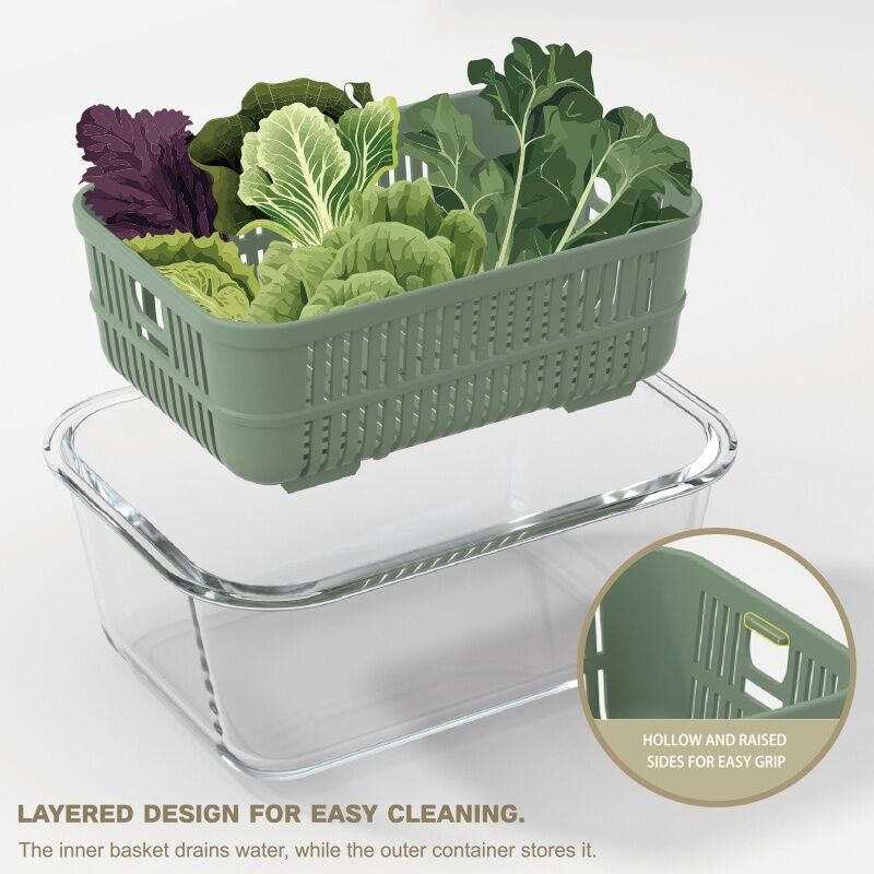 IKOO Stackable Airtight Glass Food Container with 1050ml Capacity and Removable Drain Basket