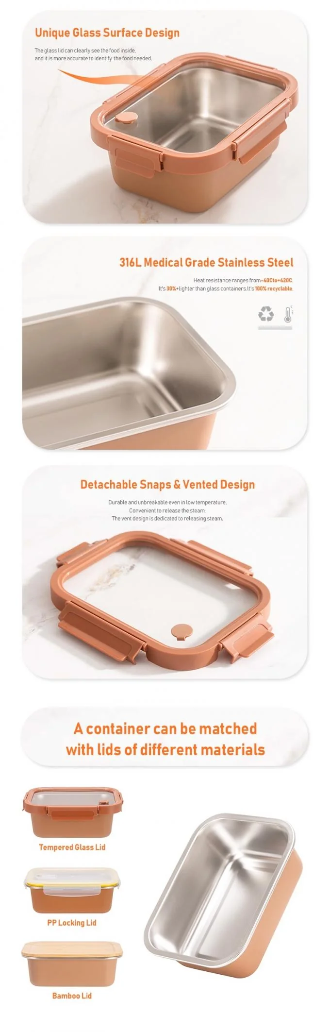 Leak-proof Microwavable Stackable Stainless Steel Food Storage Container Metal Bento Box for Meal Prep 1