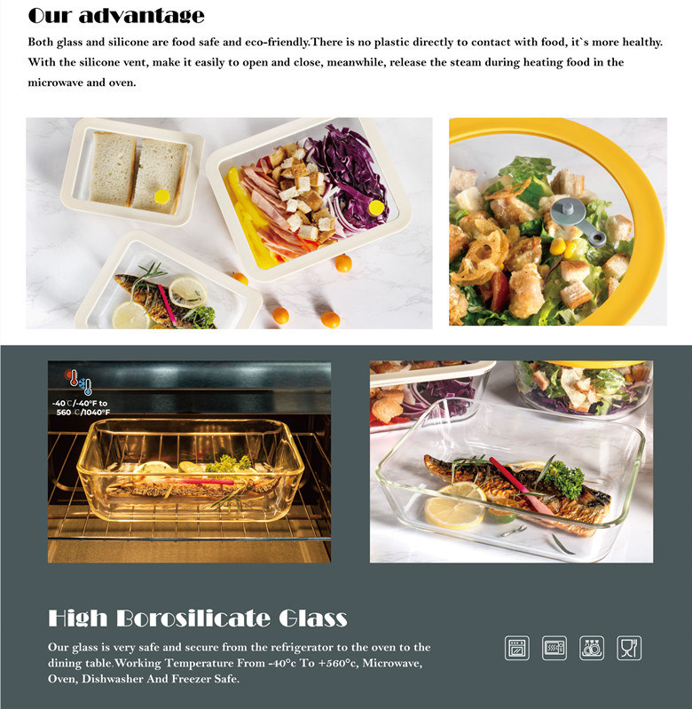 Oven Safe Dishwasher Safe Freezer Safe Glass Food Storage Container with Silicone Framed Glass Lid