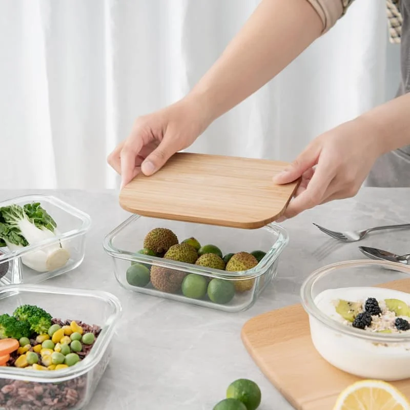 Contenedor de almacenamiento de alimentos de vidrio de borosilicato con tapa de bambú