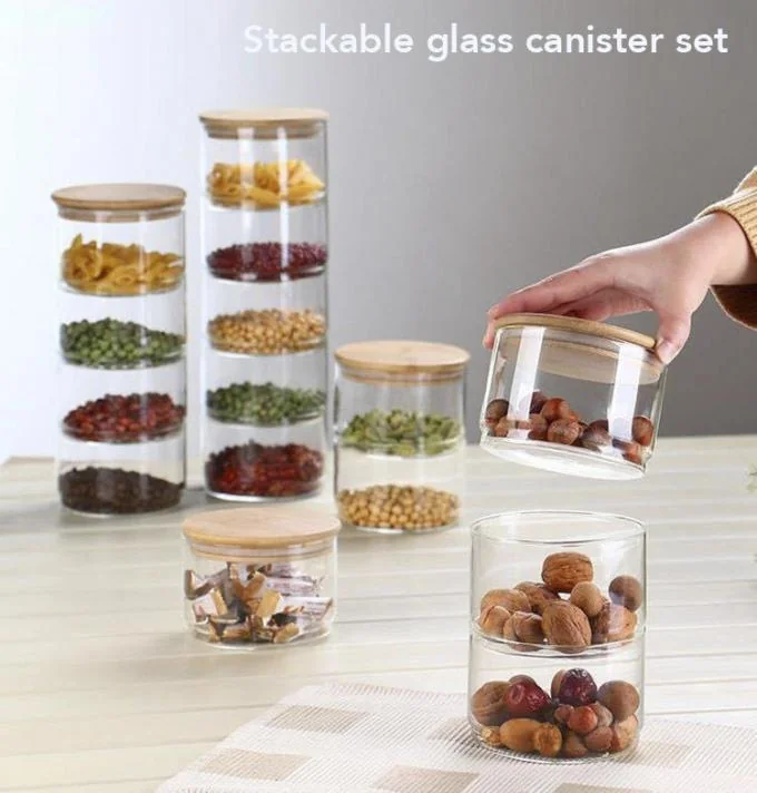 Stackable High Borosilicate Glass Canister with Bamboo Lid for Kitchen Storage 350ml Capacity 0