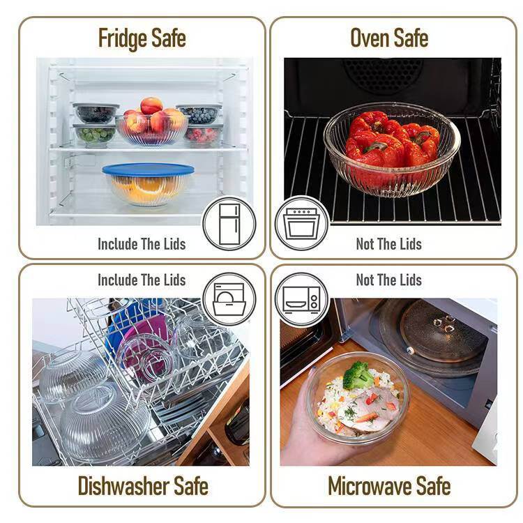 IKOO Ribbed Glass Mixing Bowls with Leakproof Airtight Lids